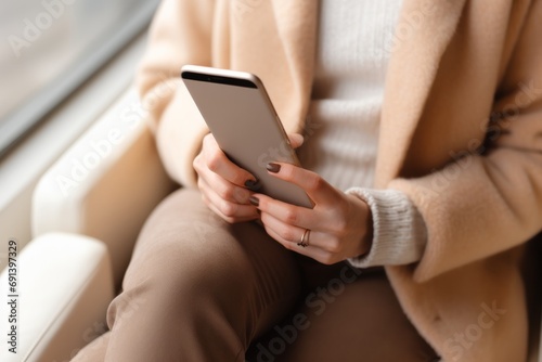 A top-down perspective of a woman seated, holding a mobile phone with a blank screen