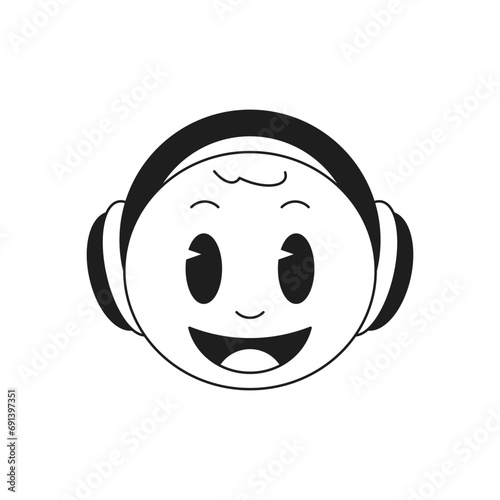 Y2k happy smiley emoticon in headphones music disco monochrome line retro groovy icon vector