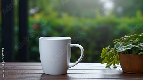 Front white mug resting on a garden table