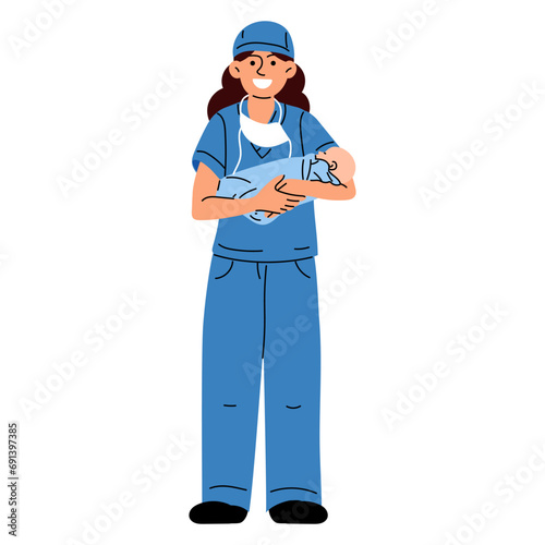 A midwife or a doctor with a newborn. A woman nurse, doctor or midwife smiles in a blue uniform, standing tall, holding a newborn boy in her arms in a maternity hospital vector illustration