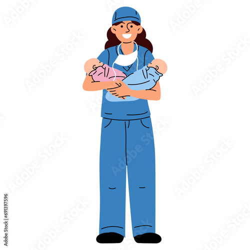 Midwife or a doctor with newborns. Woman nurse, doctor or midwife smiles in a blue uniform, standing tall, holding different-sex newborn babies in her arms in a maternity hospital vector illustration