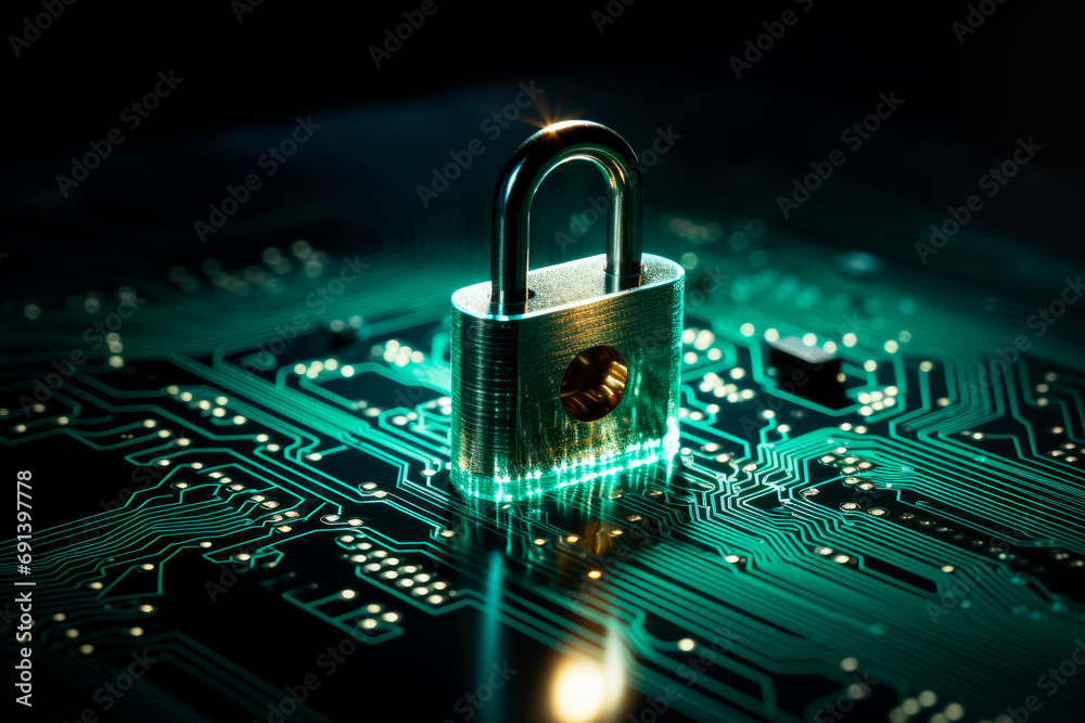 Padlock on circuit board.Cyber Security Digital Data Network Protection. Padlock on circuit board.Cyber Security Digital Data Network Protection.