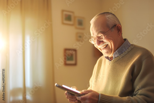Old smiling retied man using smartphone, browsing wireless Internet. Happy modern senior male relax at home, chatting to use pad device. Concept of elderly technology and active retired wonderful age photo
