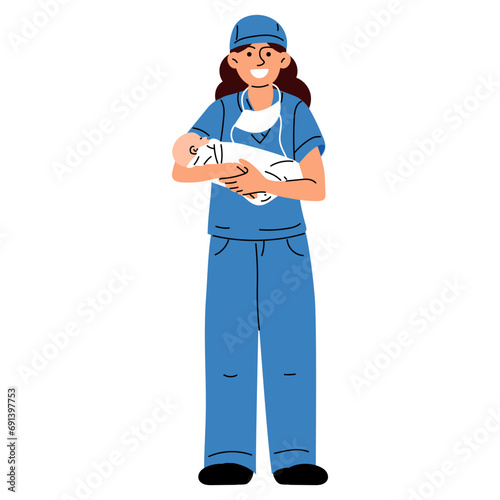 Midwife, doctor with the concept of a newborn. A woman nurse, doctor or midwife smiles in a blue uniform, standing tall, holding a newborn baby in her arms in a maternity hospital vector illustration