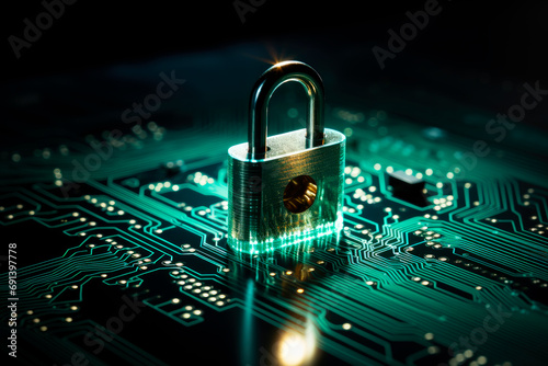 Padlock on circuit board.Cyber Security Digital Data Network Protection.