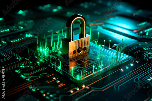 Internet digital security technology concept, padlock on circuit board.