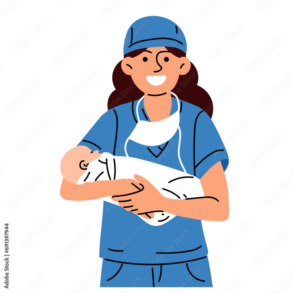 A midwife or a doctor with the concept of a newborn. A woman nurse, doctor or midwife smiles in a blue uniform, standing holding a newborn baby in her arms in a maternity hospital vector illustration