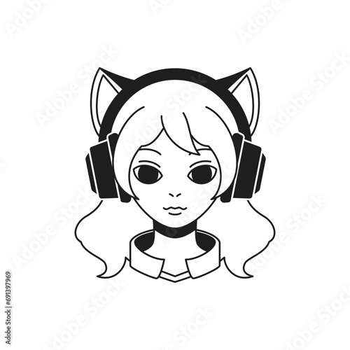 Y2k modern woman cat in headphones music DJ cyber gaming monochrome line retro groovy icon vector