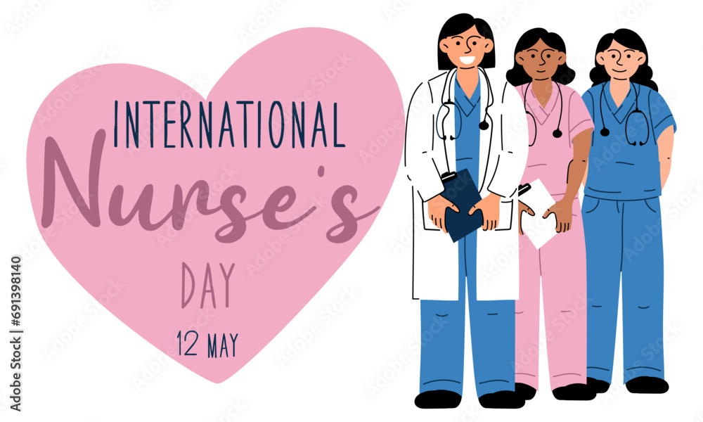 Obraz premium International Nurse's Day. The concept of a happy nurse's day. Medical education. The concept of healthcare medicine. Heart. Diversity, color, equality, female. Vector illustration design. May 12