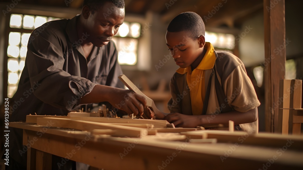 Apprentice learning carpentry, show a young apprentice learning carpentry skills, working alongside a more experienced craftsman.