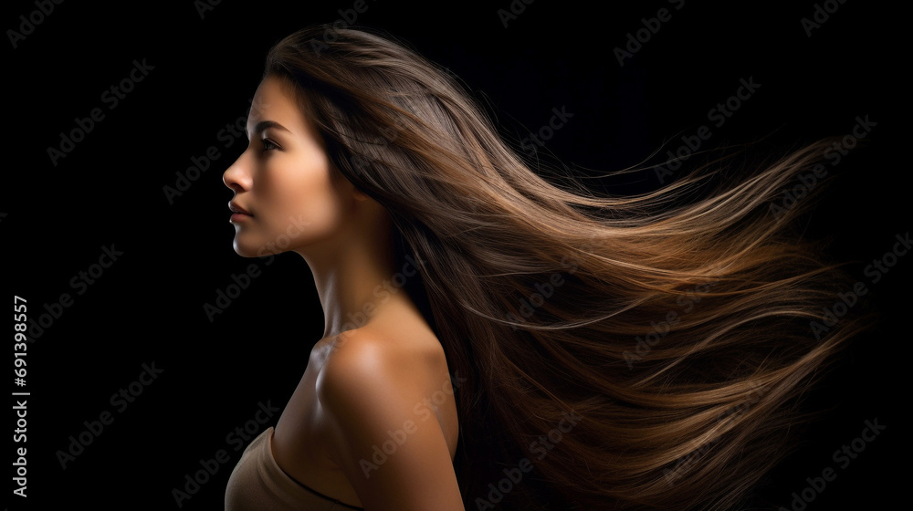 Portrait of beautiful asian woman with straight long flying hair over dark background. Portrait of beautiful young woman with long brown hair. Profile portrait of a model with long hair. AI generated Portrait of beautiful asian woman with straight long flying hair over dark background. Portrait of beautiful young woman with long brown hair. Profile portrait of a model with long hair. AI generated