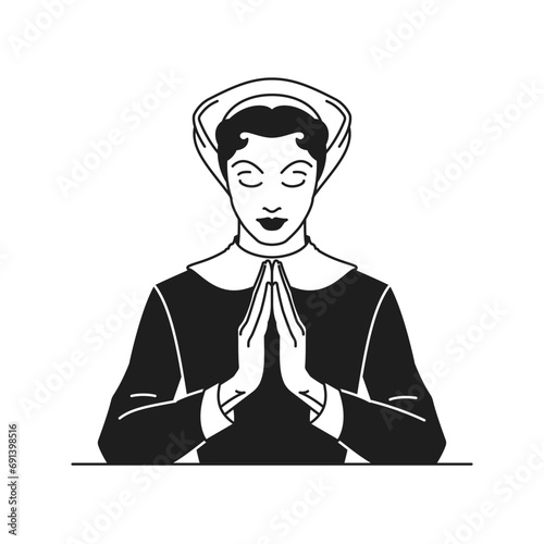 Y2k praying nun religious culture woman traditional outfit monochrome line retro groovy icon vector