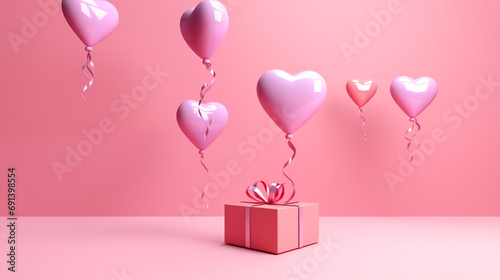 valentines day concept 3D heart shaped balloons flying with gift boxes on pink background photo