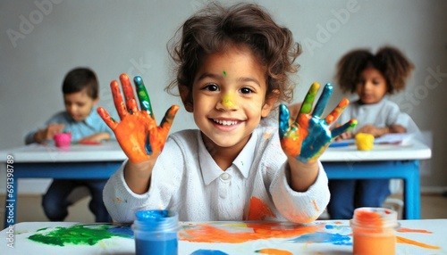 Child playing with Paint - Hand Painting Concept, Creative Child, Stimulate creativity photo