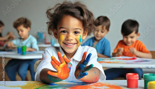 Child playing with Paint - Hand Painting Concept, Creative Child, Stimulate creativity photo