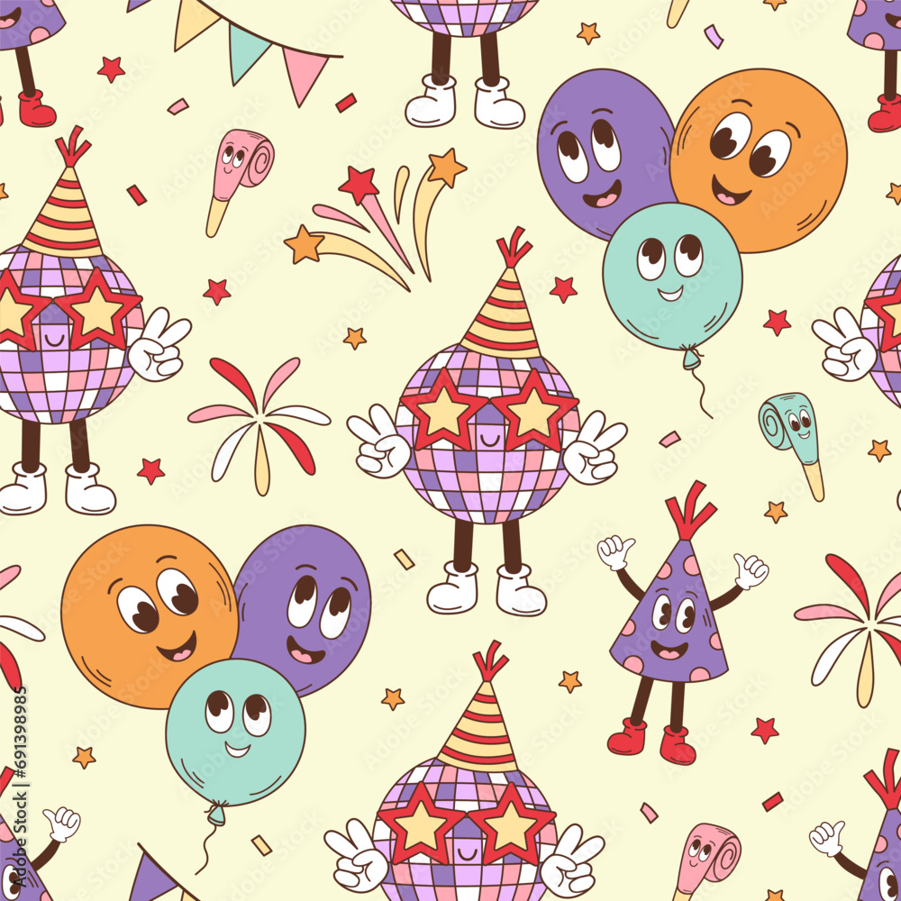 seamless pattern with groovy Disco Ball, balloons, firework seamless pattern with groovy Disco Ball, balloons, firework