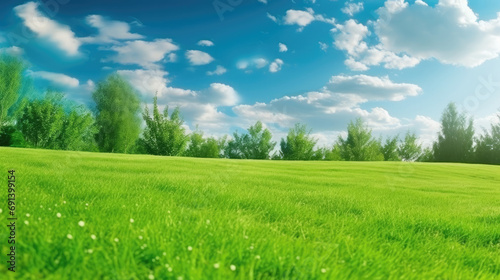 Beautiful blurred background image of spring nature with a neatly trimmed lawn surrounded by trees against a blue sky with clouds on a bright sunny day.