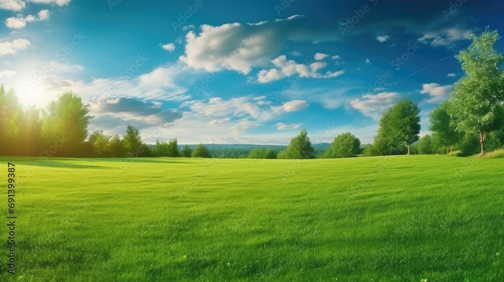 Beautiful blurred background image of spring nature with a neatly trimmed lawn surrounded by trees against a blue sky with clouds on a bright sunny day. - obrazy, fototapety, plakaty 