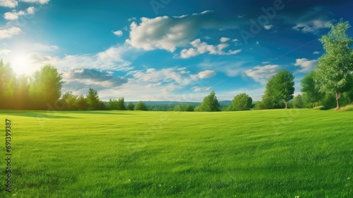 Beautiful blurred background image of spring nature with a neatly trimmed lawn surrounded by trees against a blue sky with clouds on a bright sunny day. photo