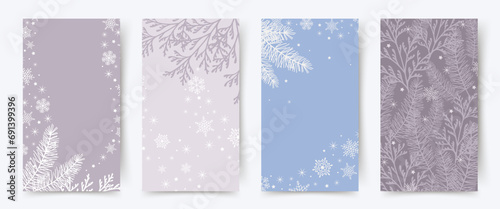 Winter backgrounds collection. Vector illustration with christmas tree branches and snow in pastel colors