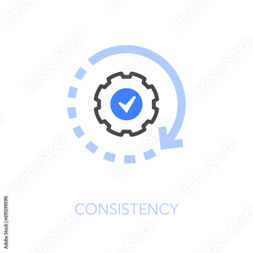 Simple visualised consistency icon symbol with a process arrow divided into some steps and a cogwheel.