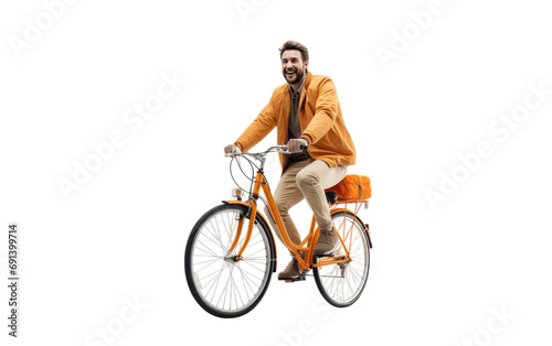 Man in Orange Pedals Bicycle Away Isolated on a Transparent Background PNG.