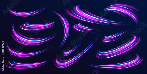 Neon line as speed or arc, turn, twist, bend in light effect. Light arc in neon colors, in the form of a turn and a zigzag. Abstract background in blue, yellow and orange neon colors.	