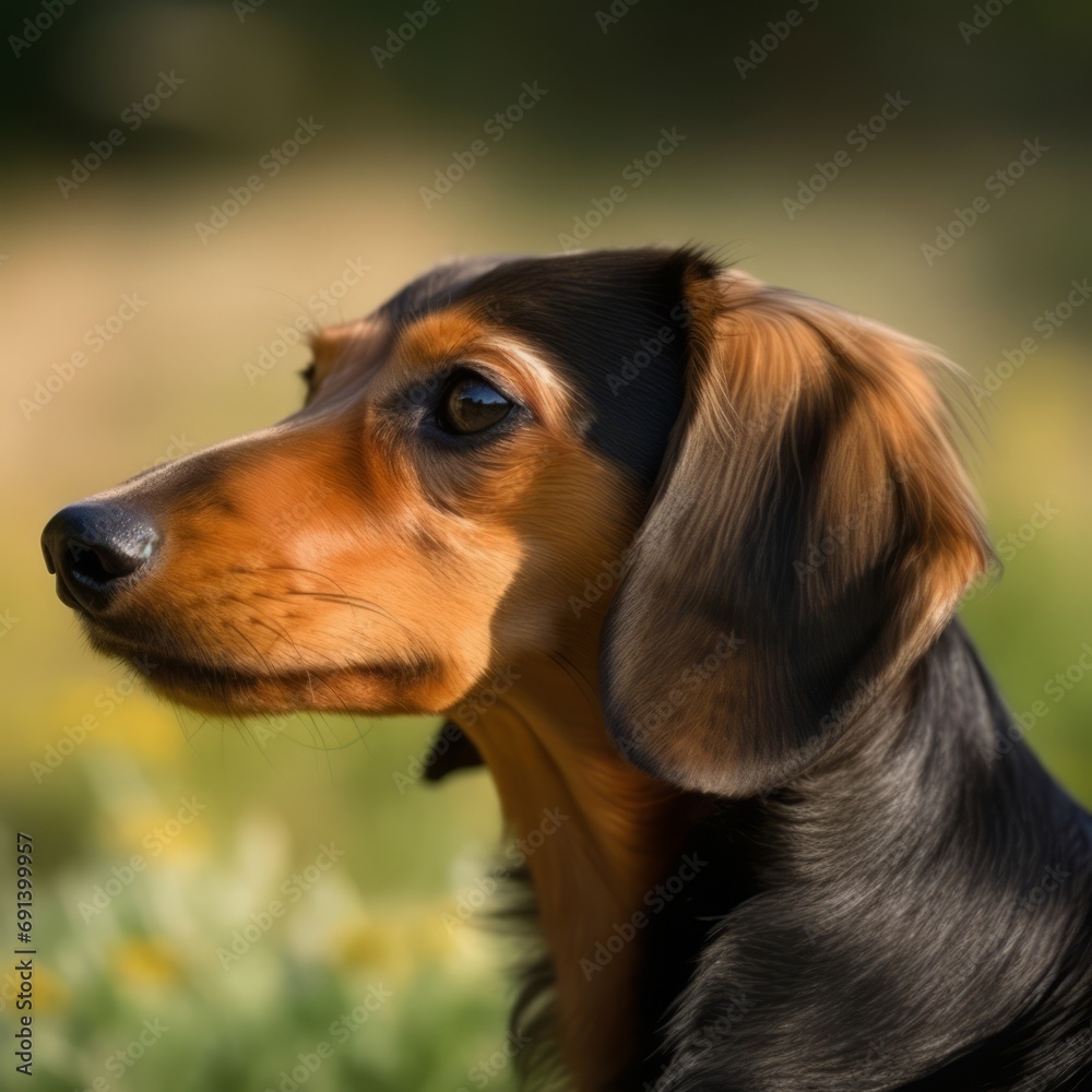 Profile portrait of a purebred Dachshund dog in the nature. Dachshund dog portrait in a sunny summer day. Outdoor Portrait of a beautiful Dachshund dog in a summer field. AI generated