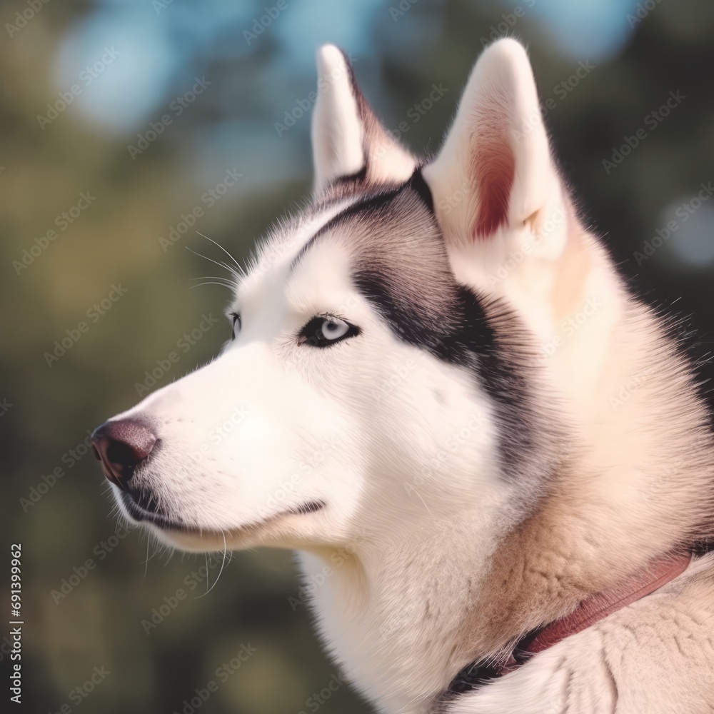 Obraz premium Profile portrait of a purebred Siberian Husky dog in the nature. Siberian Husky dog portrait in a sunny summer day. Outdoor portrait of a beautiful Siberian Husky dog in a summer field. AI generated
