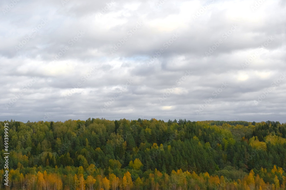 Obraz premium Late autumn in a wild forest area. Low rain clouds over trees on the horizon. Aerial drone shot. Winter moody wood view. Distant mysterious nature landscape. Woodland Valley with a Lake in the far. 4K
