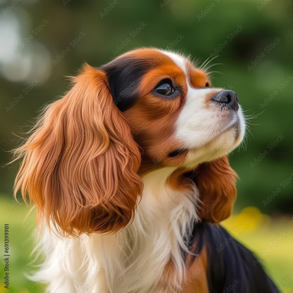 Fototapeta premium Profile portrait of Cavalier King Charles Spaniel dog in the nature. King Charles Spaniel dog portrait in a sunny summer day. Outdoor Portrait of beautiful Spaniel dog in a summer field. AI generated