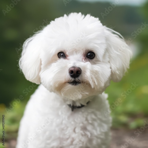 Bichon Frise dog portrait in a sunny summer day. Closeup portrait of a purebred Bichon Frise dog in the field. Outdoor Portrait of a beautiful Bichon Frise dog in summer field. AI generated