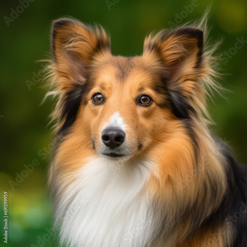 Shetland Sheepdog dog portrait in a sunny summer day. Closeup portrait of a purebred Shetland Sheepdog dog in the field. Outdoor portrait of a beautiful Sheepdog dog in a summer field. AI generated