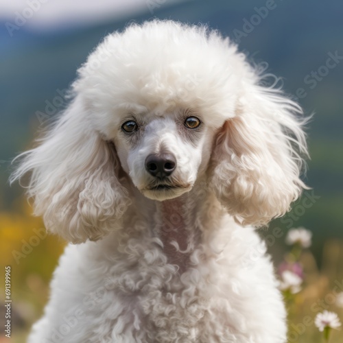 Poodle dog portrait in a sunny summer day. Closeup portrait of a purebred Poodle dog in the field. Outdoor Portrait of a beautiful Poodle dog in a summer field. AI generated © Valua Vitaly