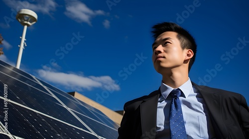 Eco-industrial advocate, a young professional standing amidst solar panels, symbolizing the shift towards sustainable industrial practices.