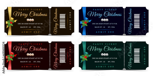 Set of Merry Christmas elegant party tickets for admit one with colorful bows