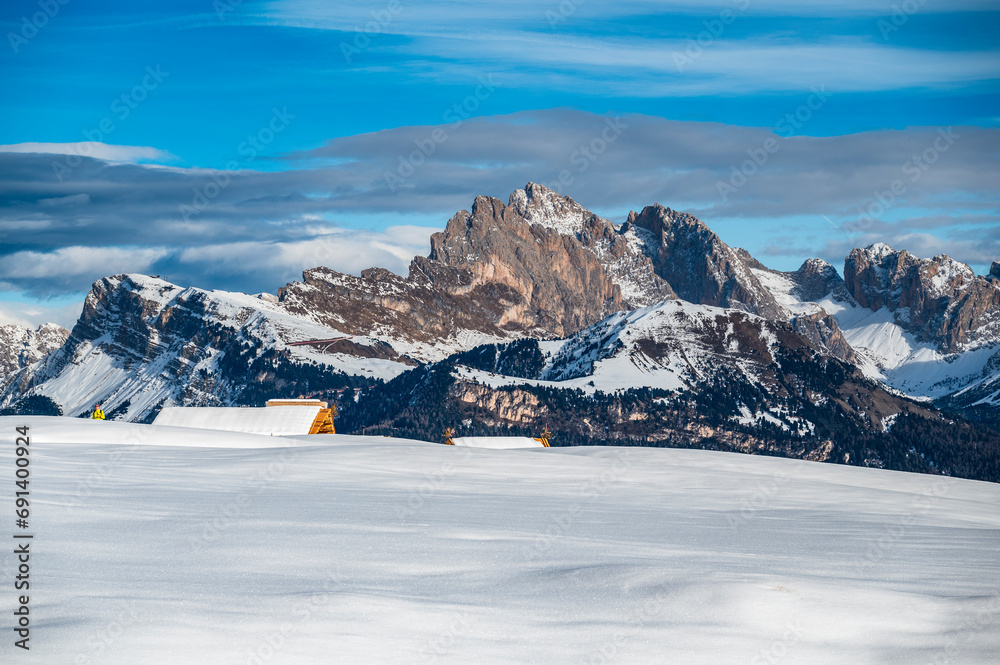 The largest high altitude plateau in Europe in winter. Snow and winter atmosphere on the Alpe di Siusi. Dolomites. The largest high altitude plateau in Europe in winter. Snow and winter atmosphere on the Alpe di Siusi. Dolomites.