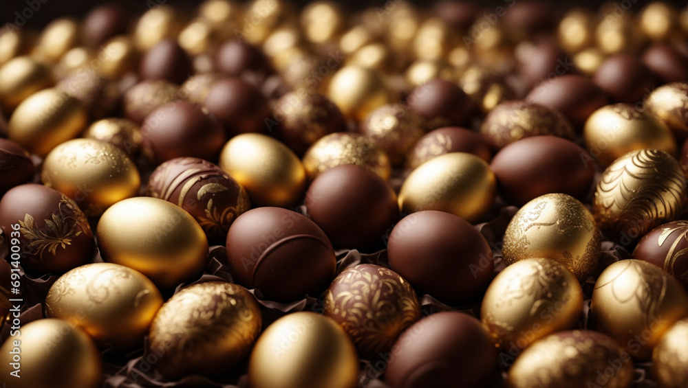 Obraz premium Wallpaper fatto con uova di cioccolata decorate con cioccolata al latte e oro