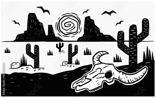 Scorching sun in an old west setting. with a cow's skull.