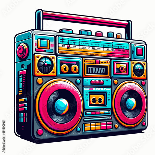 Boombox. Colorful stereo recorder for listening radio music on tape cassette Vector illustration in flat style.