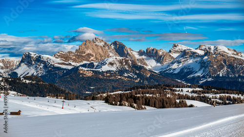 The largest high altitude plateau in Europe in winter. Snow and winter atmosphere on the Alpe di Siusi. Dolomites. © Nicola Simeoni