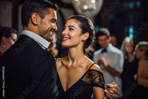 Intimate couple in the middle of a dance, spotlight, ballroom setting. Performing classical dances, waltz. Wearing elegant dress and tuxedo. photo