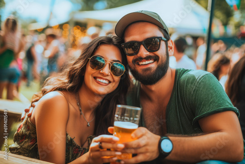 Couples enjoying festival, drinking beer and spending quality time together. Music festivals in America, Europe. Summer time.