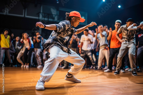 Adult male and female hip-hop couples dancing at practice, smiling being happy. Youth culture, movement, style and fashion, action, breakdance.