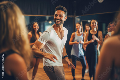 Dancing classes for single adults, handsome male teacher demonstrating how to dance salsa. Recreation for adults, healthy lifestyle. photo