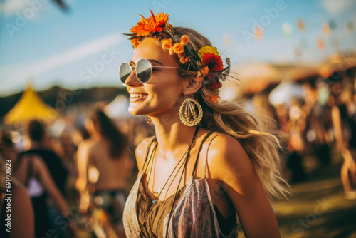 Female with roses in the hair at music festival, freedom. Pretty boho woman walking in outdoor market fest. © VisualProduction