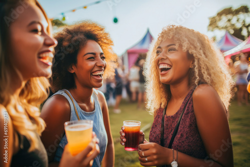 Group friends dancing to the music, drinking beer at music festival. Happy young hippie friends. Young people enjoying a day outdoors.