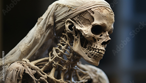 Ancient bride skeleton. Realistic skeleton corpse bride on black background copy space. Skull of a bride