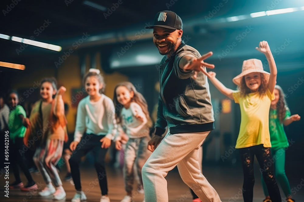 Hip-hop dancers at practice, smiling, singing. Teacher is teaching children how to dance Private dancing studio. - obrazy, fototapety, plakaty 