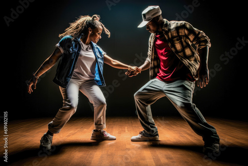 Adult male and female hip-hop couples dancing at practice, smiling being happy. Youth culture, movement, style and fashion, action, breakdance.
